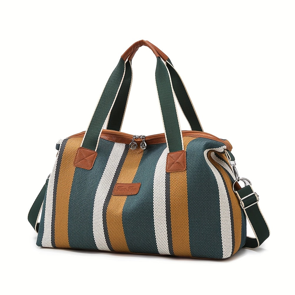 HUOHUO Women's Large Capacity Retro Striped Travel Handbag & Carry-On Luggage - Lightweight Nylon Suitcase with Adjustable Strap, Golden-Tone Hardware, Zipper Closure & Lining - Casual & Formal Use for Airplane, Train, Car Tr