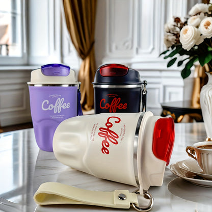 Caneca térmica elegante em aço inoxidável com pega de transporte - Portátil e resistente para aventuras ao ar livre.