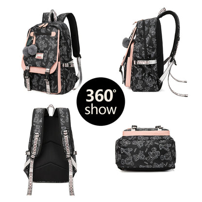 A set of youth vintage printed fashion backpacks, suitable for girls' campus commuting, travel backpack with a capacity of about 25 liters (height about 46cm), can hold a laptop, and the print position is random