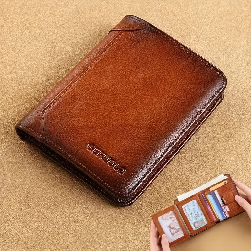 Men's Genuine Leather Premium Slim Driver's License Card Holder, Trendy 3-Fold Wallet, Top-Grain Cowhide, Large Capacity RFID Blocking Credit Card Holder, Portable Cash Work Business Commuter Office Anniversary Couple Birthda