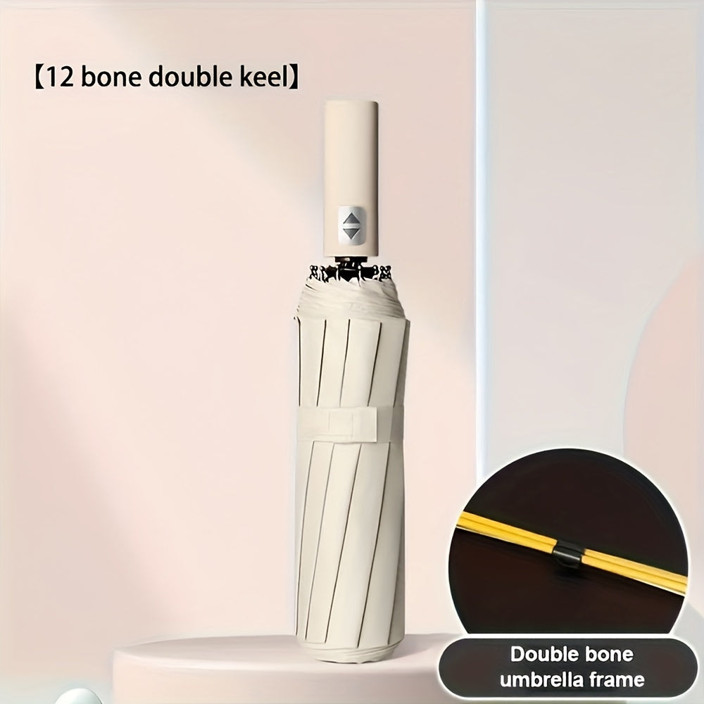 Large Automatic Folding Umbrella - Double Rib Design, Windproof &, 12 Ribs, Compact & Durable, Black with Orange Accents, Dual User Coverage, | Fashion Accessory | High-quality Fabric, Outdoor Umbrella