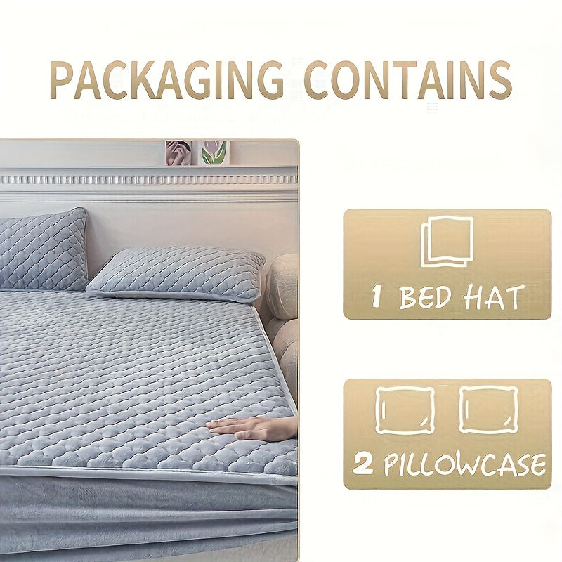 Conjunto de 3 peças de lençol de baixo e fronha em veludo macio e confortável, com enchimento grosso tipo sanduíche, excelente efeito de aquecimento, altura do lençol de baixo de 30 cm, estilo acolchoado, ideal para quarto de hóspedes e quarto de família.