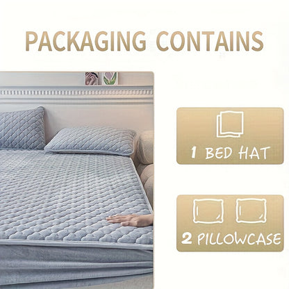 Conjunto de 3 peças de lençol de baixo e fronha em veludo macio e confortável, com enchimento grosso tipo sanduíche, excelente efeito de aquecimento, altura do lençol de baixo de 30 cm, estilo acolchoado, ideal para quarto de hóspedes e quarto de família.