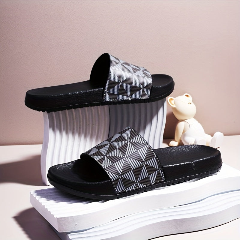 Men's Summer Slide Sandals - Non-Slip Soft Sole Casual Slippers with Geometric Pattern, Black & Gray, Comfortable for Indoor & Outdoor Use