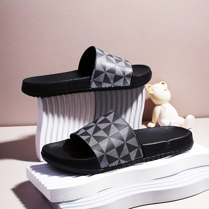 Men's Summer Slide Sandals - Non-Slip Soft Sole Casual Slippers with Geometric Pattern, Black & Gray, Comfortable for Indoor & Outdoor Use