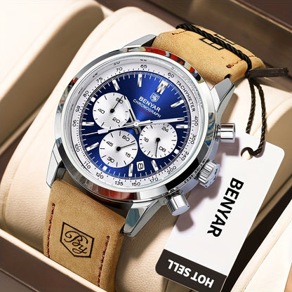 BENYAR Top Brand Men's Watches Sport For Men Multifunction Chronograph Black Fashion Quartz Wristwatches Calendar With Leather Strap