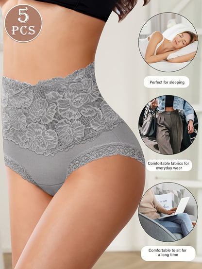 5pcs Women's High-Waisted Tummy Control Briefs - Soft Lace Trim, Butt-Lifting & Tummy Control, Elegant Lace Underwear For Everyday Comfort