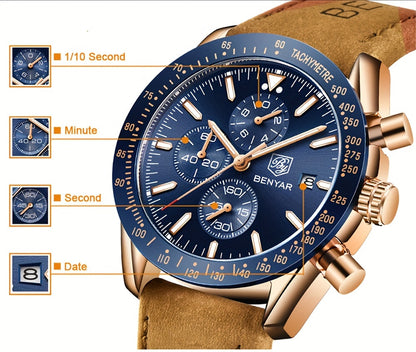 BY BENYAR Men'S Quartz Chronograph Watch - Luminous, Stainless Steel, Blue Dial with Date & Stopwatch, Faux Leather Strap, Elegant Business & Casual Style, Perfect Gift for Men, Professional Chronograph | Sleek Watch Design |
