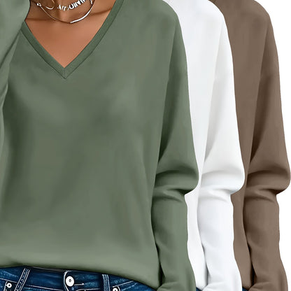 3pcs Women'S 100% V-Neck Long Sleeve T-Shirts - Soft, Durable, and Comfortable Casual Wear for All Seasons, Perfect for Holidays, Graduations, and Everyday Style, Everyday Comfort Wear | Minimalist Style | Soft Fabric Tee