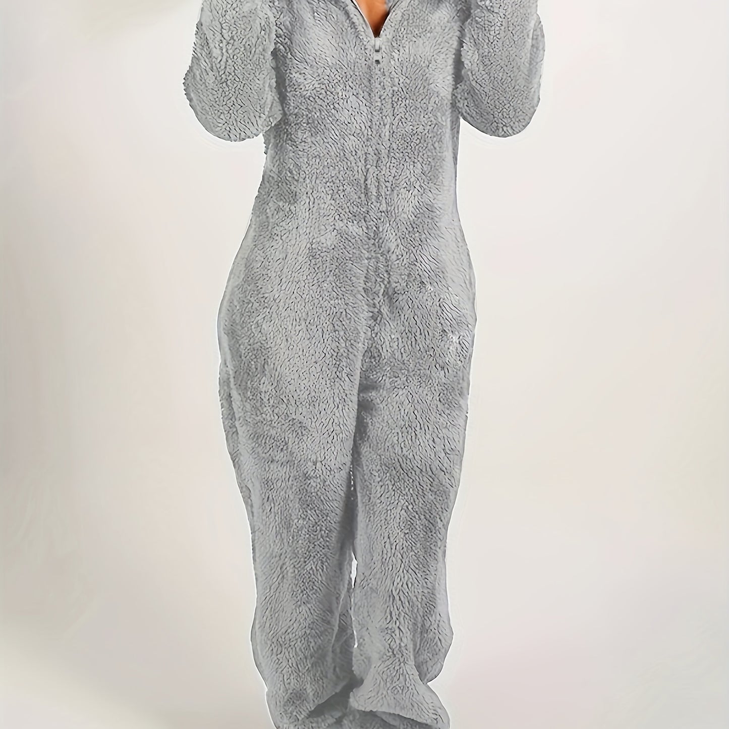 Macacão com capuz e fecho, forro turco, modelo casual de manga comprida e quente para o outono e inverno. Roupa feminina.