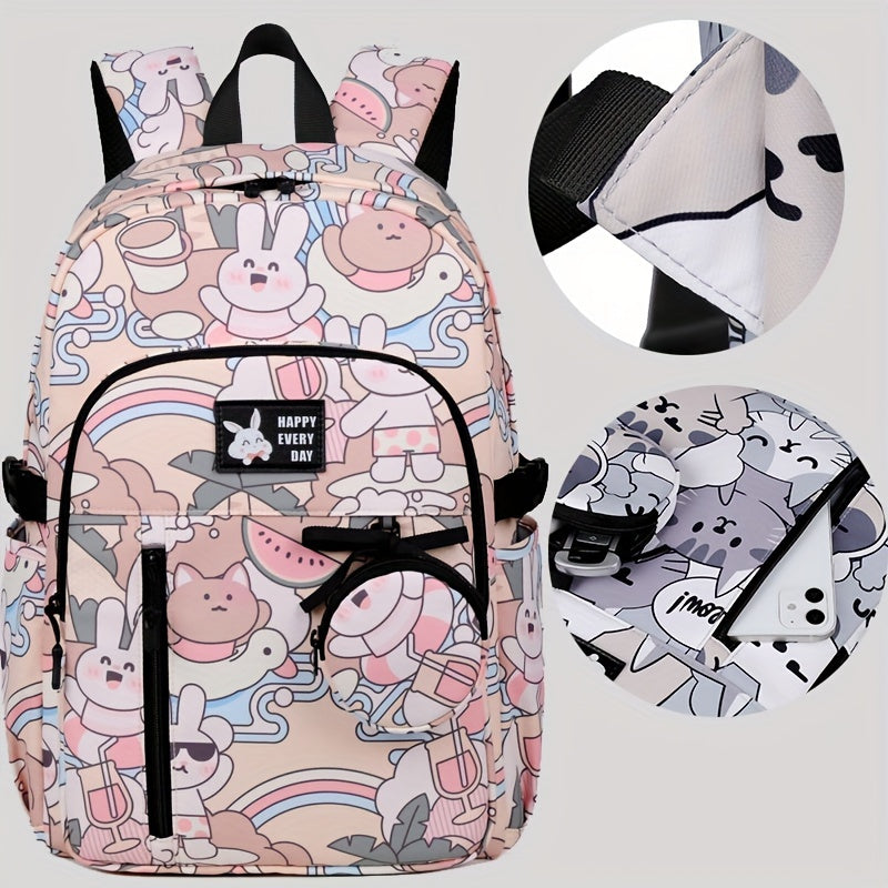 Casual Fashion Cartoon Cats Print Knapsack With Adjustable Strap And Large Capacity, Zip Up, Trendy Backpack For Travel And School