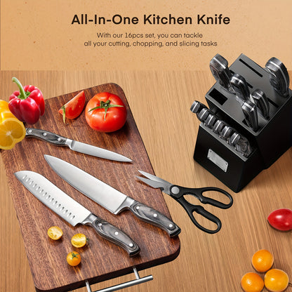 16pcs Knife Set, With Wooden Handle, Stainless Steel Chef'S Knife Set With Wooden Block, Professional Kitchen Knife With Sharpening Steel, Ideal Christmas Gift For Mother, Friend, Brown/Black