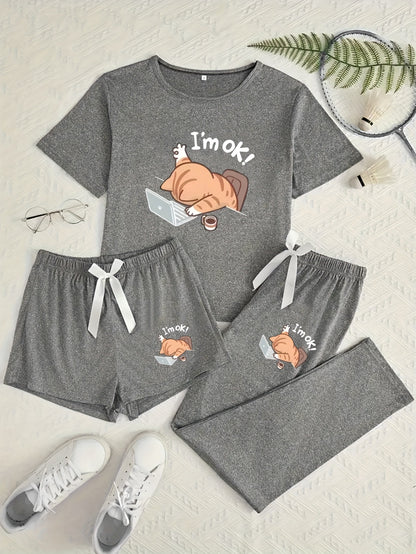 Women's 3pcs Pajama Set, Cartoon Work Kitten Print Short Sleeve Pajamas, Shorts and Longs - Bow Style, Suitable for Multiple Seasons