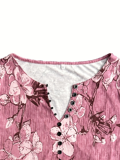 Floral Print Button Front T-shirt, Casual Short Sleeve Summer T-shirt, Women's Clothing