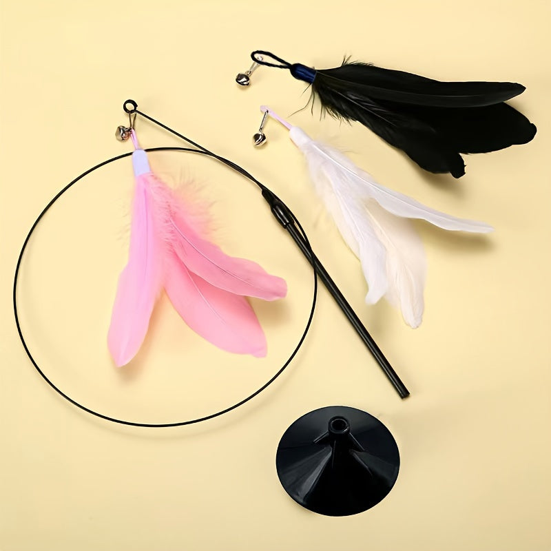 1pc Feather Decor Cat Teaser Stick Toy, Durable Cat Chew Toy With Bell And Suction Cup For Cat Interactive Supply