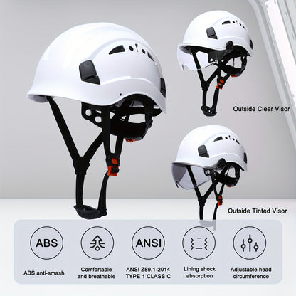 Adjustable Safety Helmet with Integrated Visor - Durable ABS Plastic, Ergonomic Design for Construction & Industrial Use, White, Construction Safety Gear, Sleek Glossy Finish, Secure Fit Straps