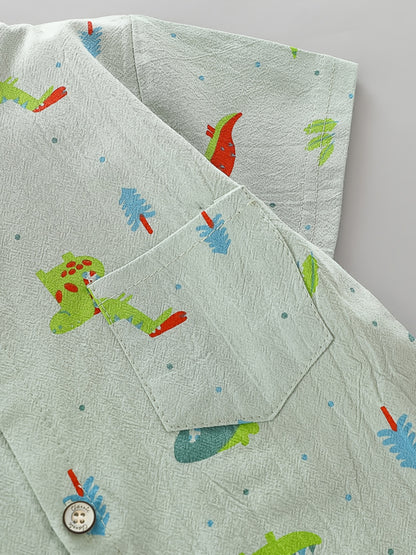 2pcs Baby Boys Dinosaur Print Button Short Sleeve Shirt Top &amp; Elastic Waist Shorts Set Toddler Summer Clothes For Daily &amp; Outdoor Wear