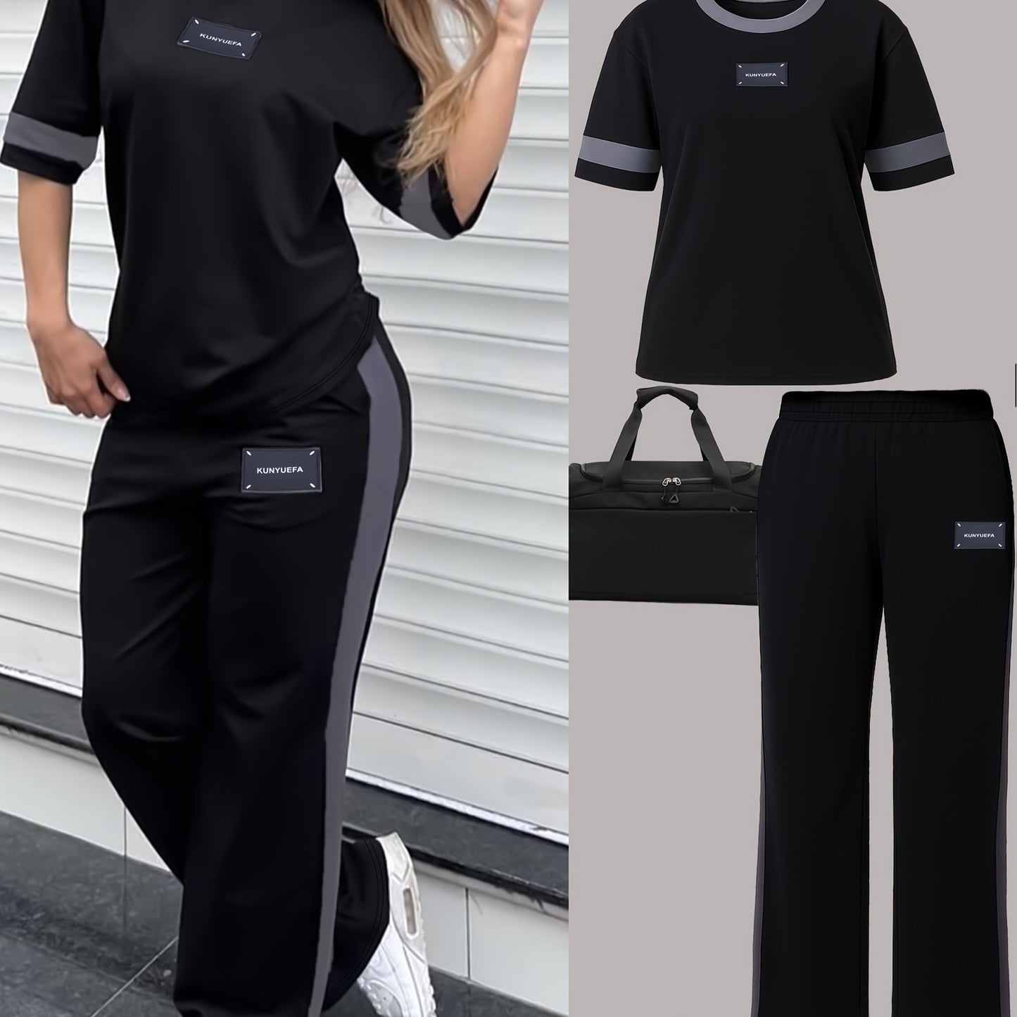 Autumn Fashion Trend: Color-Block Round Neck Short Sleeve T-Shirt + Casual Loose-Fit Elastic Waist Straight-Leg Pants Women's Two-Piece Set