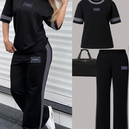 Autumn Fashion Trend: Color-Block Round Neck Short Sleeve T-Shirt + Casual Loose-Fit Elastic Waist Straight-Leg Pants Women's Two-Piece Set