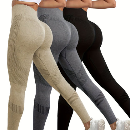 3pcs Women's High-Waisted Seamless Gym Leggings - Butt-Lifting Tummy Control Yoga Pants, 4-Way Stretch Machine Washable Workout Running Yoga Pants in Burgundy/Gray/Black, Sleek Sporty Design, Nontransparent Fabric