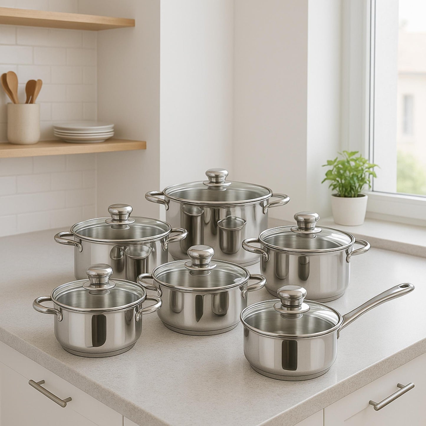 Well Home 12pcs Stainless Steel Kitchen Battery Game with Induction Bases And Ergonomic Handles