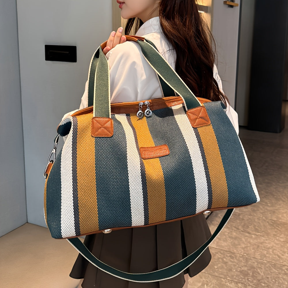 HUOHUO Women's Large Capacity Retro Striped Travel Handbag & Carry-On Luggage - Lightweight Nylon Suitcase with Adjustable Strap, Golden-Tone Hardware, Zipper Closure & Lining - Casual & Formal Use for Airplane, Train, Car Tr