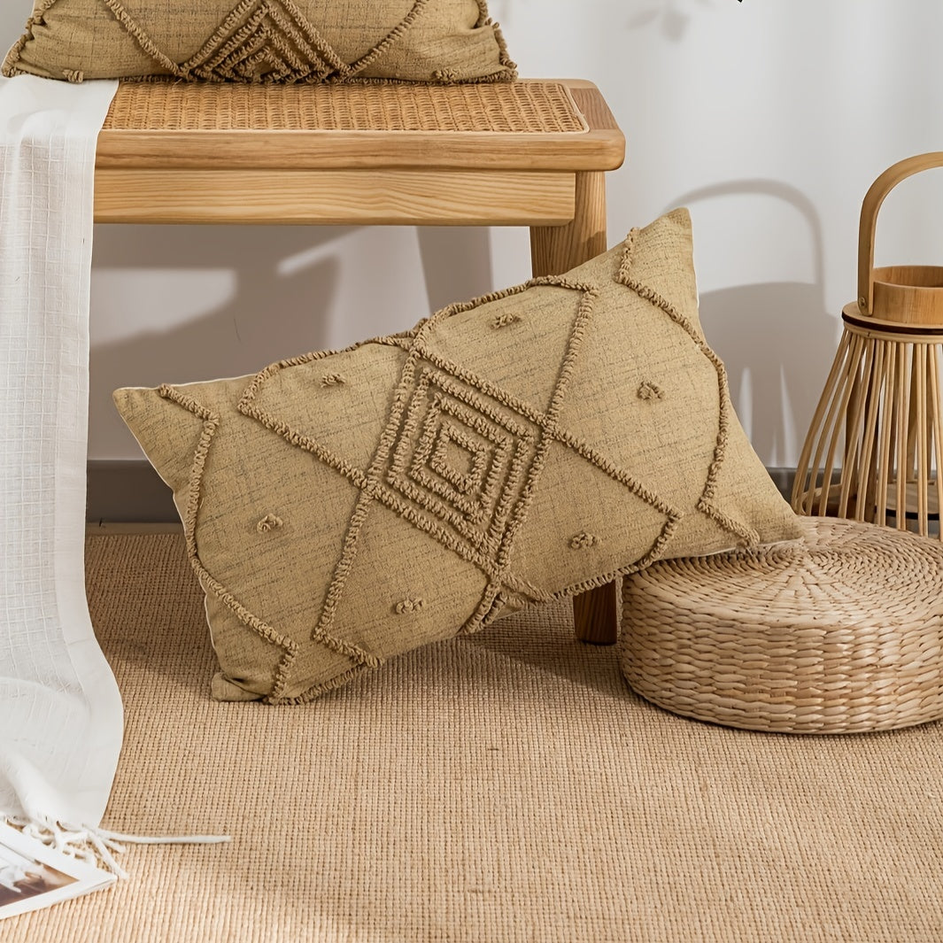 1pc Brown Checkered Throw Pillow Cover - Retro Simple Style Canvas Circle Velvet Craft for Living Room Sofa Bedroom Decor