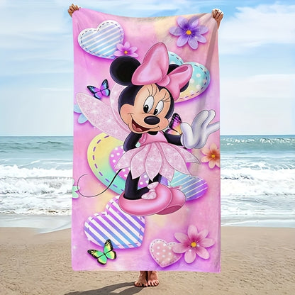 1pc Minnie Mouse Beach Towel - Soft, Lightweight, Sand-Proof & Quick-Drying Microfiber - Vibrant Cartoon Design with Hearts, Butterflies & Stripes - Perfect for Beach, Swim, Gym, Yoga &