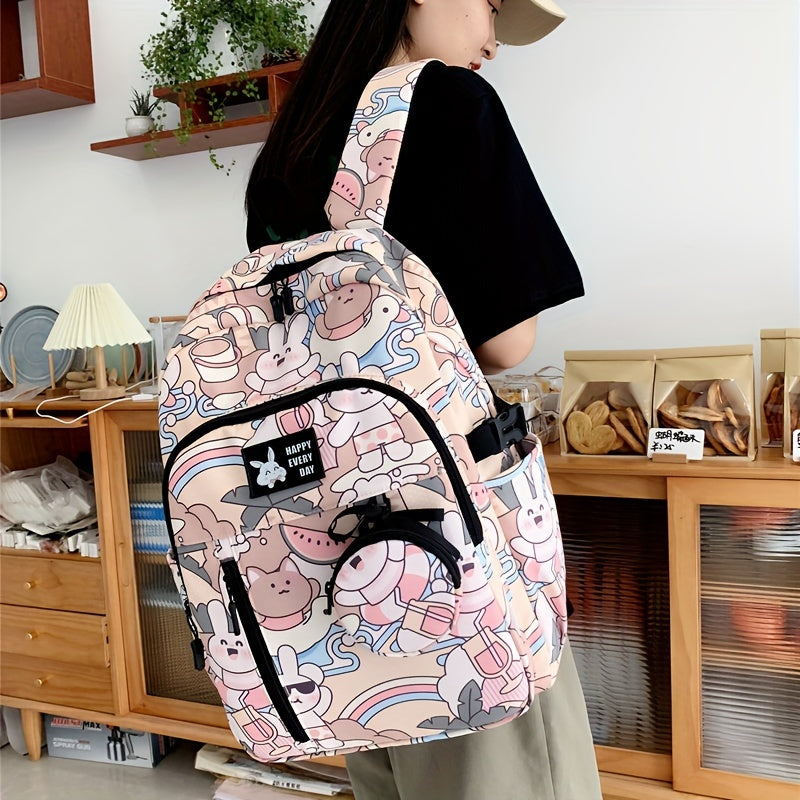 Casual Fashion Cartoon Cats Print Knapsack With Adjustable Strap And Large Capacity, Zip Up, Trendy Backpack For Travel And School