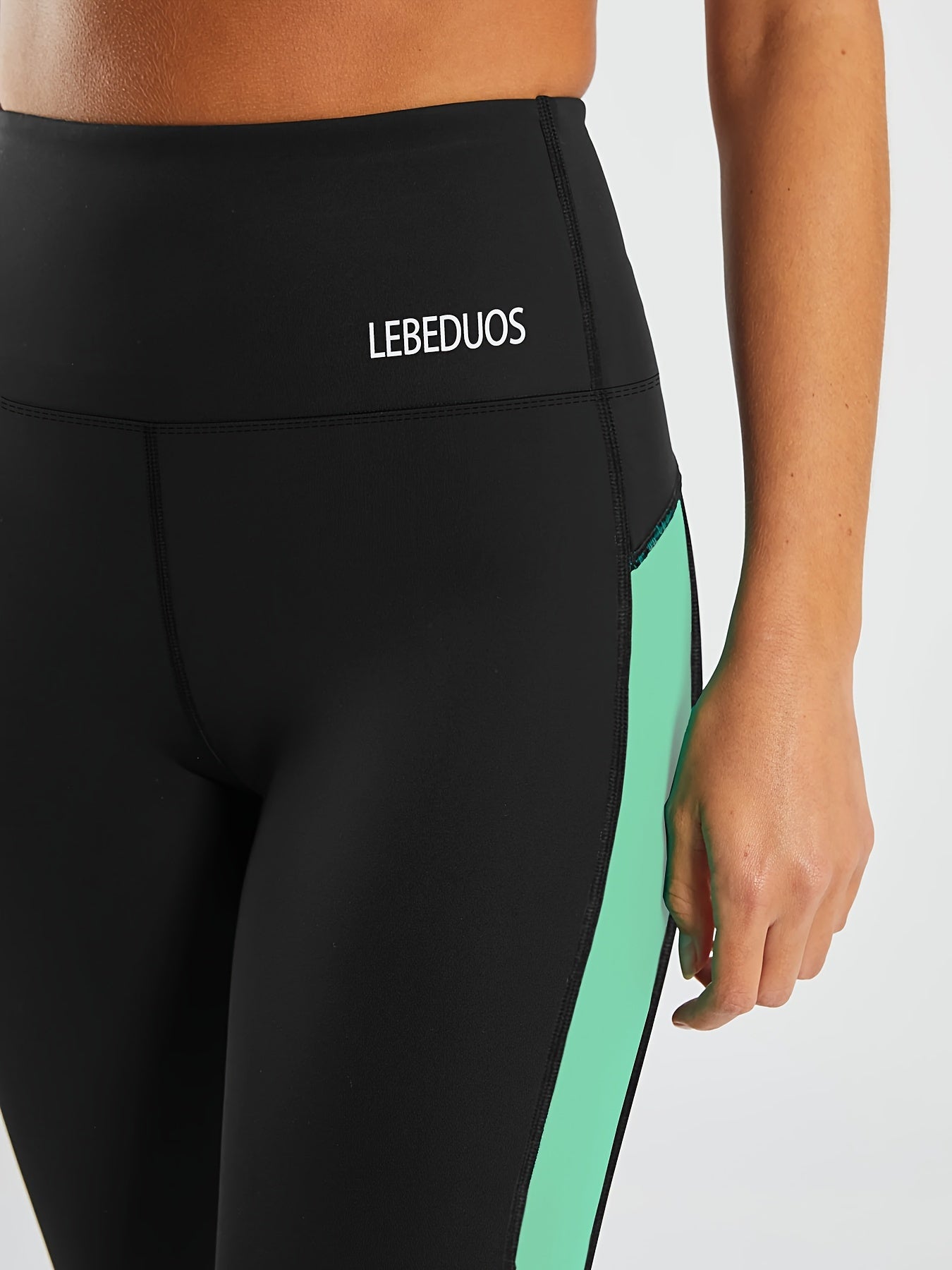 Women's High-Waisted Yoga Leggings - Full-Length Black with Neon Green & Blue Vertical Stripe Contrast, Breathable Stretchy Workout Pants for Gym, Pilates, Running, Tennis | Spring/Fall Casual Athletic Wear, Machine Washable