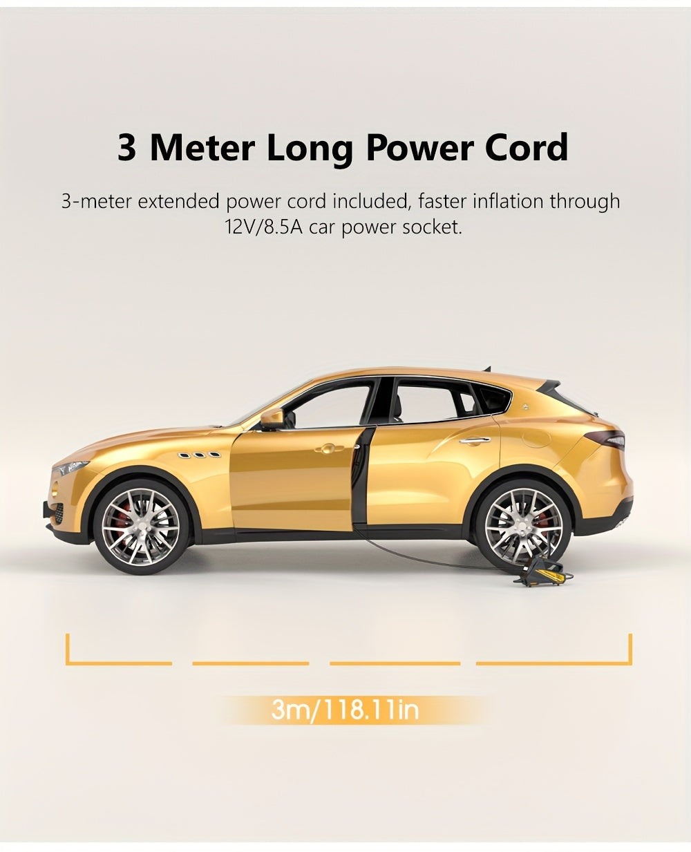 Inflador de pneus digital CaRSun, bomba de ar portátil com luz LED para automóveis, motos e bicicletas - DC 12V, 150 PSI, design preto e amarelo, alimentação por ficha, sem necessidade de bateria, insuflador de pneus de bicicleta | Porta elegante