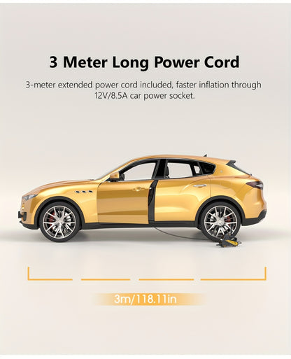 Inflador de pneus digital CaRSun, bomba de ar portátil com luz LED para automóveis, motos e bicicletas - DC 12V, 150 PSI, design preto e amarelo, alimentação por ficha, sem necessidade de bateria, insuflador de pneus de bicicleta | Porta elegante