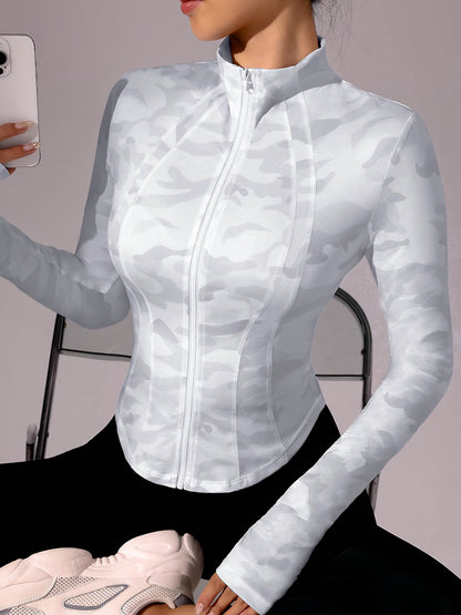 Zip-Up Stand Collar Sports Jacket, Half-Finger Long Sleeve Top with camouflage print, suitable for outdoor fitness, hiking, golf, tennis, badminton, bowling, daily walks and shopping, gym/home training, meditation, versatile.