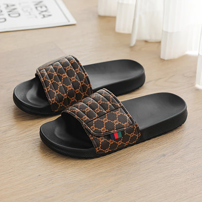 Men's Luxury Slip-On Slippers - Thick Cushioned EVA Sole & Soft PU Upper with Striped Pattern, All-Season Indoor/Outdoor House Shoes for Men, Comfortable Casual & Party Footwear (Black/White, Beige/Brown) - Unisex-Friendly De