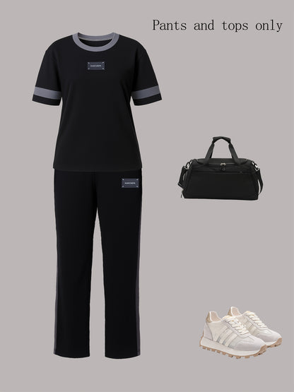 Autumn Fashion Trend: Color-Block Round Neck Short Sleeve T-Shirt + Casual Loose-Fit Elastic Waist Straight-Leg Pants Women's Two-Piece Set