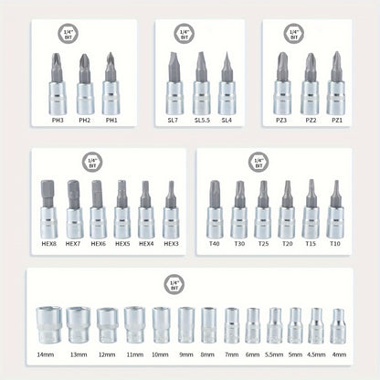 Kit de ferramentas para reparação de automóveis com 46 peças, conjunto de chaves de roquete de 1/4" com conjunto versátil de chaves de caixa e extensão, kit de ferramentas combinado para reparação de automóveis, motos e bicicletas.