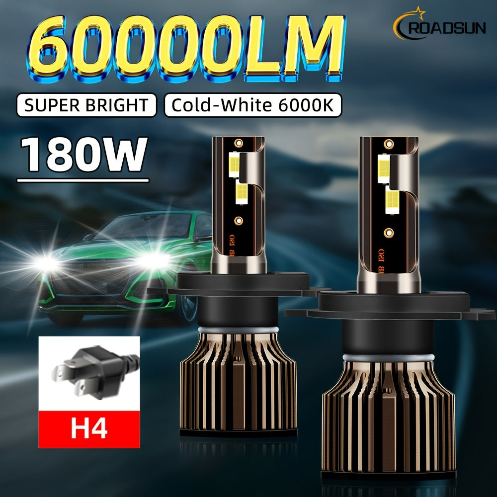 2pcs ROADSUN LED Bulbs - 60000LM Ultra Bright, 180W, 6000K Cool White, H1/H7/H11/9005/9006/H4/H13/9007/9004 Compatible, Plug & Play, Cooling Fan, Aviation Aluminum Housing, 12V/24V Compatible, for Cars, Trucks, SUVs, Motorcyc