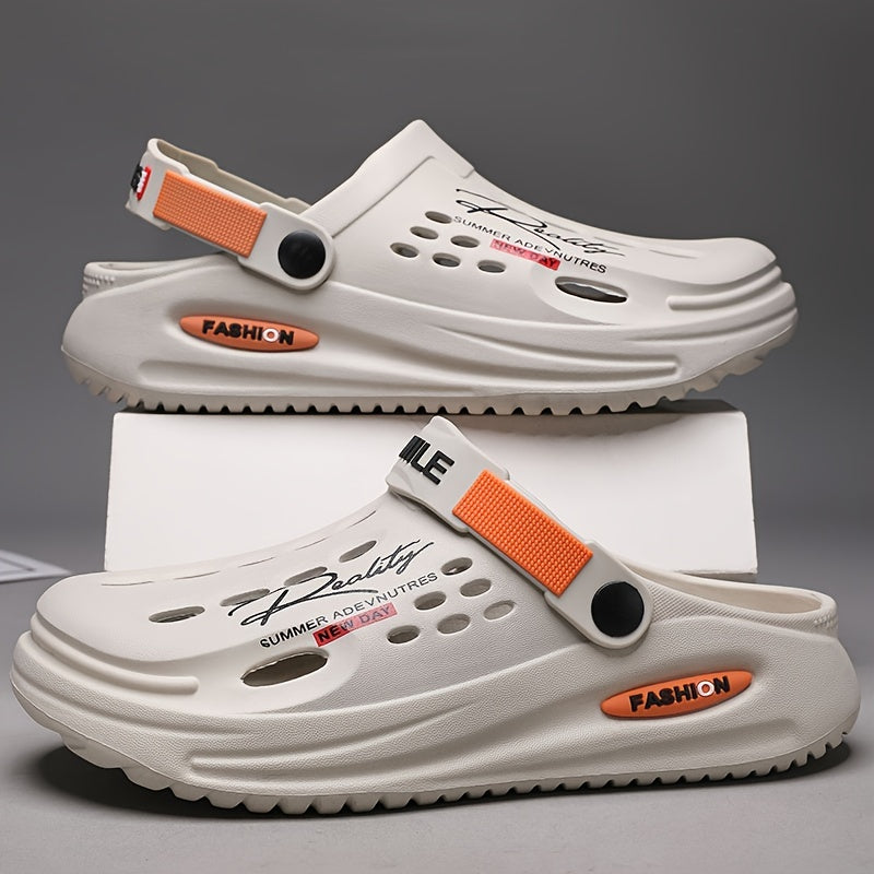 Men's Trendy Thick-Sole EVA Clogs with Alphabet Design - Slip-On, Breathable Garden Shoes with Secure Yellow Strap & "SMN WALKING PROS" Insole Print for Outdoor Comfort, Chunky Shoes