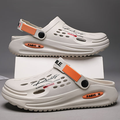 Men's Trendy Thick-Sole EVA Clogs with Alphabet Design - Slip-On, Breathable Garden Shoes with Secure Yellow Strap & "SMN WALKING PROS" Insole Print for Outdoor Comfort, Chunky Shoes