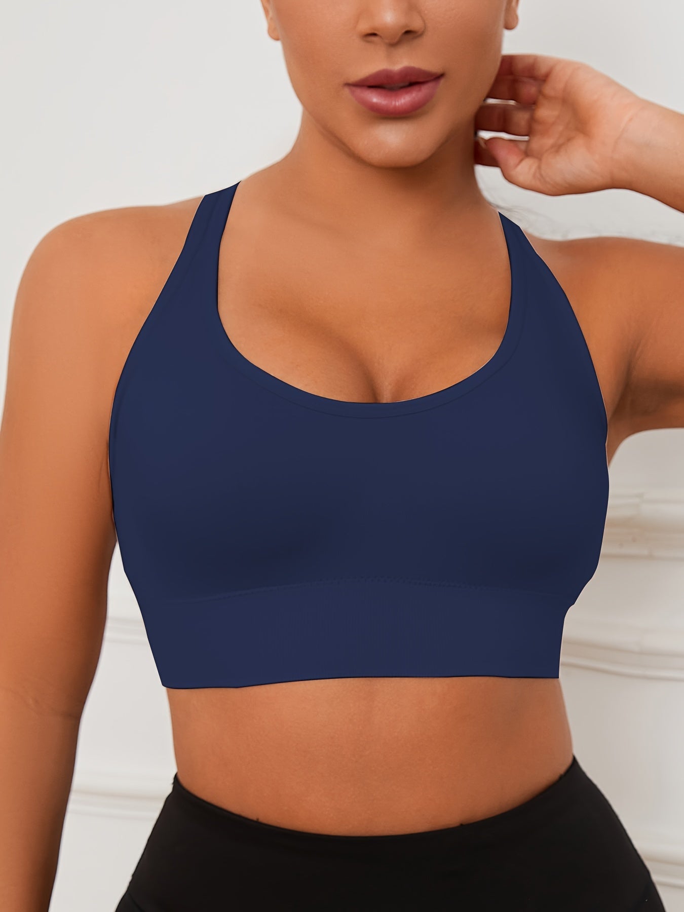 2pcs Stretchy Solid Racer Back Sports Bra, Comfy & Breathable Push Up Fitness Bra, Women's Lingerie & Underwear