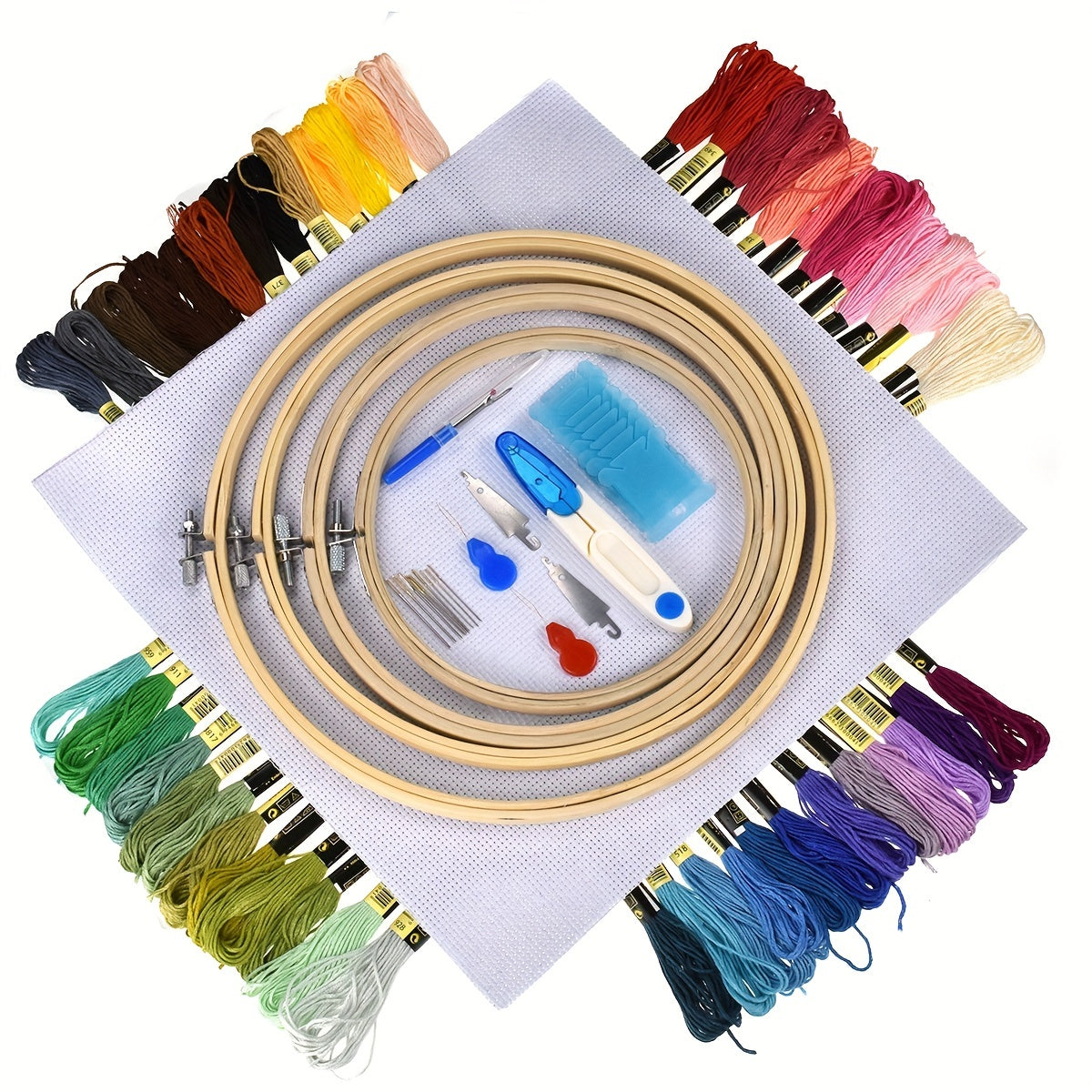 1set Embroidery Kit, 50/100 Colors Threads, 5 Pcs Bamboo Embroidery Hoops And Cross Stitch Tools Set, Hand Embroidery Starter Kit For Beginners Adults