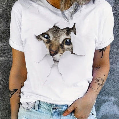Cute Cat Print T-shirt, Crew Neck Short Sleeve T-shirt, Casual Everyday Tops, Women's Clothing