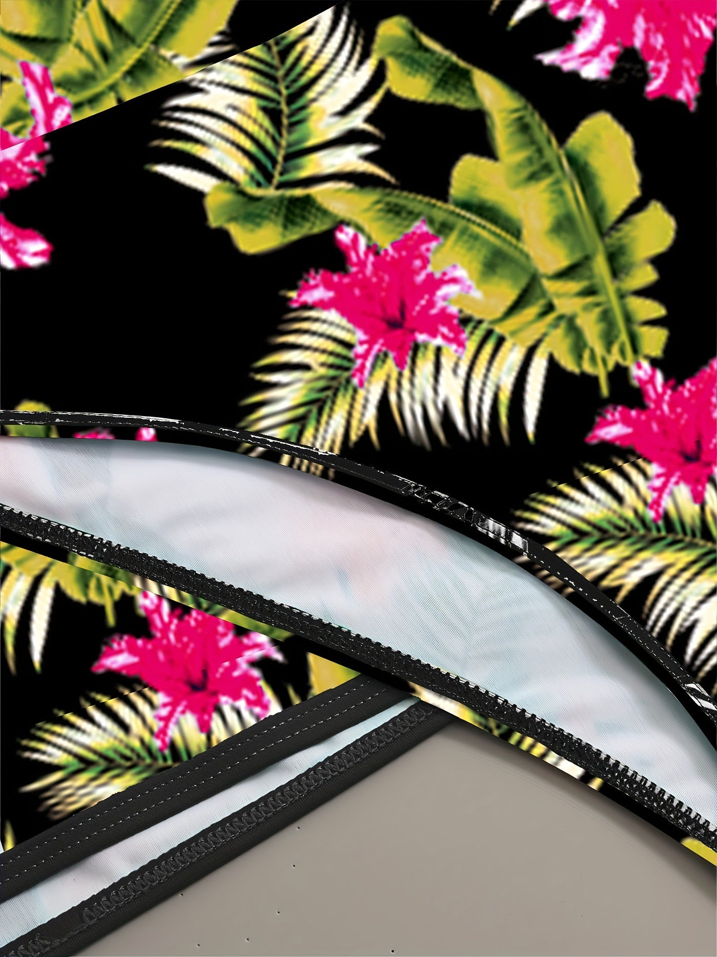 Floral Leaf Print Stretchy 3 Piece Set Swimsuits, Cross Spaghetti Strap Push Up Bikini & Boxer Shorts, Women's Swimwear & Clothing