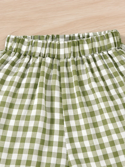 Cute Ruffle Lace Top & Check Shorts Two-Piece Set - White Blouse with Yellow Bow, Yellow & White Gingham Shorts, Perfect for Spring/Summer, Casual Playwear|Ruffle Detail Top|Nonstretch Fabric, for Outdoor