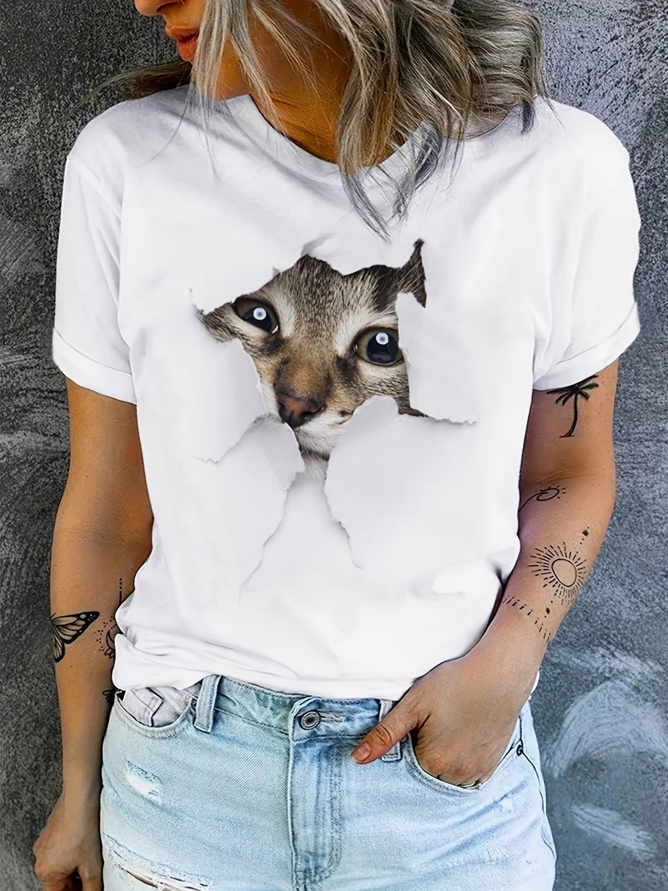 Cute Cat Print T-shirt, Crew Neck Short Sleeve T-shirt, Casual Everyday Tops, Women's Clothing