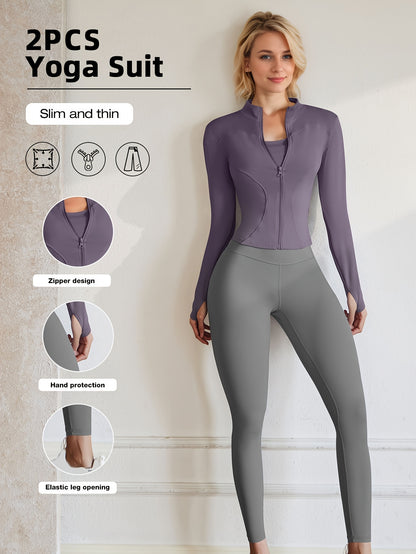 European Code Polyester Fabric Gym Running Clothes Long Sleeve Sports Jacket Cycling and Walking Tightening Buttocks Pants Fitness Suit