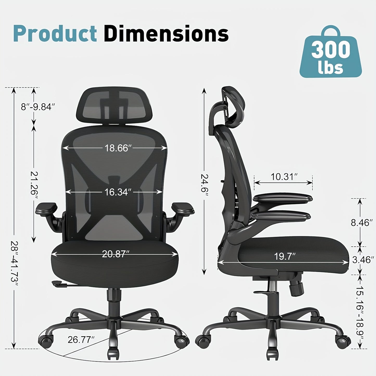 Ergonomic Office Chair with Adjustable Headrest &amp; Lumbar Support, Height-Adjustable Computer Desk Chair with Flip-Up Armrests, 360° Swivel, Breathable Mesh Backrest &amp; Seat, Durable Plastic Frame - Black for Home &amp; Office Use