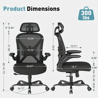 Ergonomic Office Chair with Adjustable Headrest &amp; Lumbar Support, Height-Adjustable Computer Desk Chair with Flip-Up Armrests, 360° Swivel, Breathable Mesh Backrest &amp; Seat, Durable Plastic Frame - Black for Home &amp; Office Use