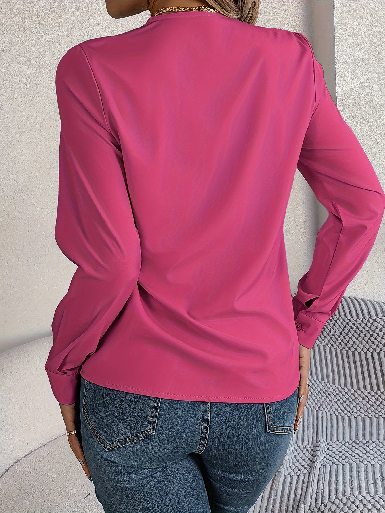 Women'S Elegant V-Neck Long Sleeve Shirt, Solid Color Polyester Blouse with Triple V-Cut, 95% Polyester 5% Elastane, Woven Fabric, 120g/m², for Spring/Summer/Fall - Adult