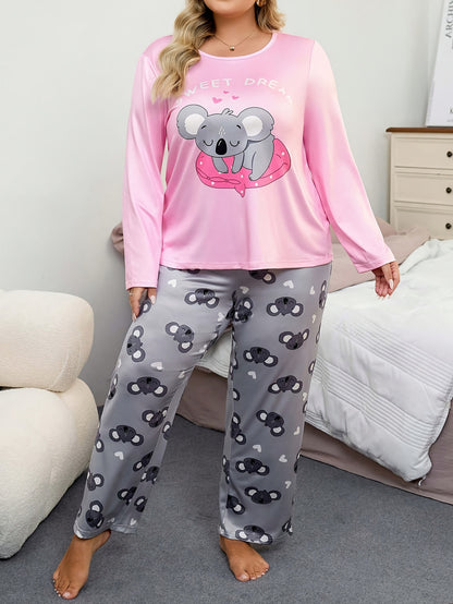 Plus Size Women's Fashion Casual Comfortable Wearable Loungewear Set with Cute Cartoon Koala Print Long Sleeve Top & Full-Print Pants 2pcs Pajama Set